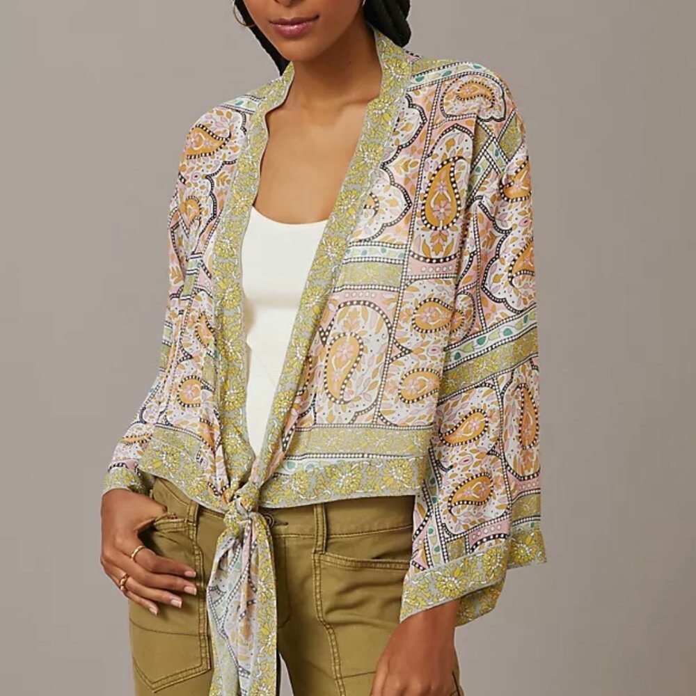Anthropologie Tie Front Semi Sheer Paisley Floral Print Lightweight Kimono OS